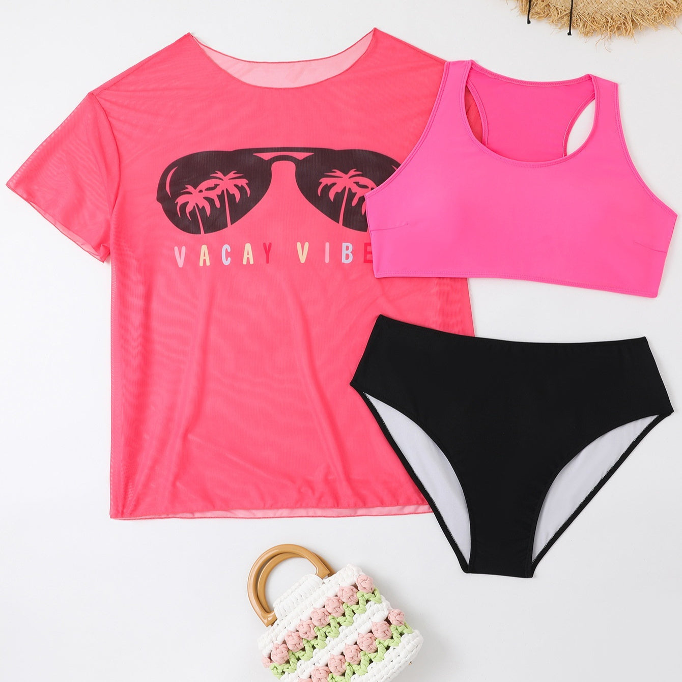 New Swimwear Mesh See-through Blouse Plus Size Swimsuit Bikini Three-piece Set