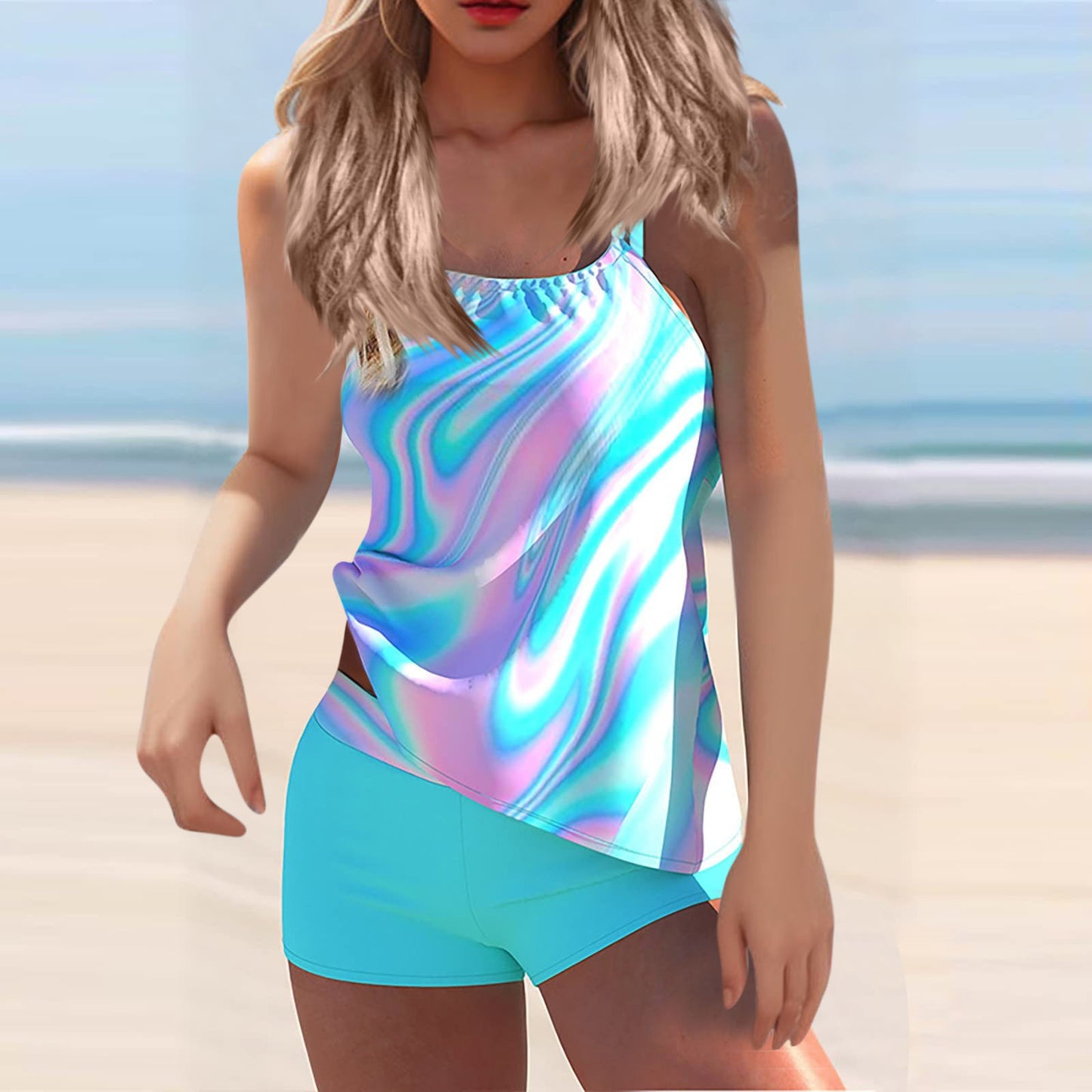 New XL Plus Size Swimwear Split Multi-color Printed Tangini Two-piece Set
