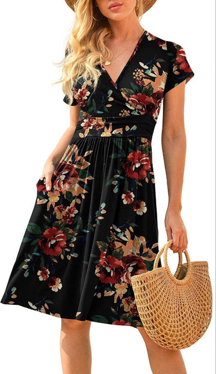 Ruffle Floral Dress Women Short Sleeve A Line Dresses