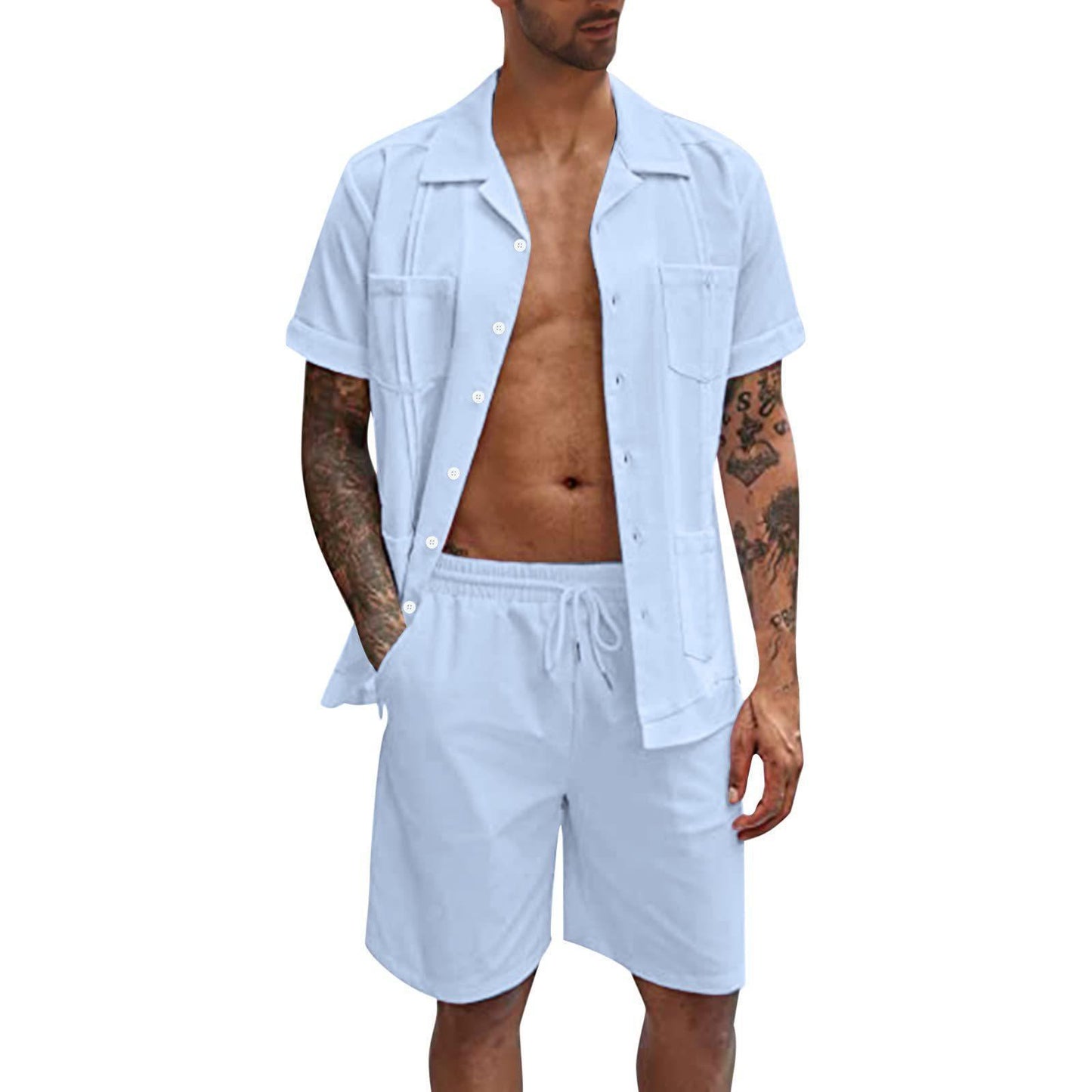 Loose Casual Men's Summer Sports Short Sleeve Shorts Linen Set