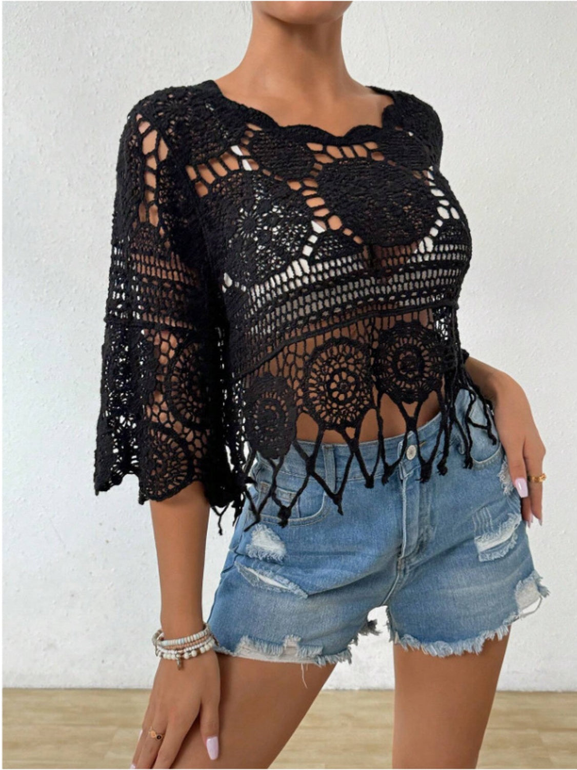 Openwork Round Neck, Mid Sleeve Cover-Up