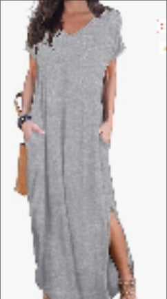 Women's Casual Loose Pocket Long Dress Short Sleeve Split Maxi Dresses