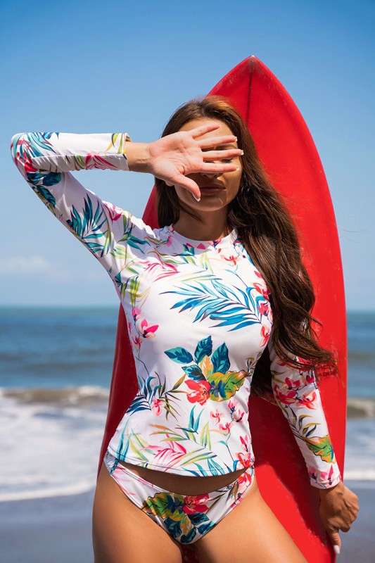 Floral Print Split Pullover Long Sleeve Rash Guard