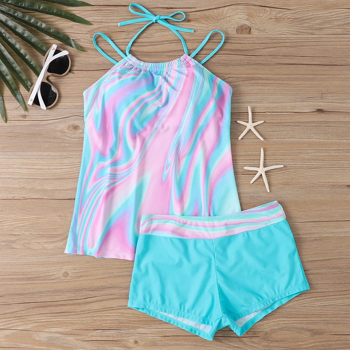 New XL Plus Size Swimwear Split Multi-color Printed Tangini Two-piece Set