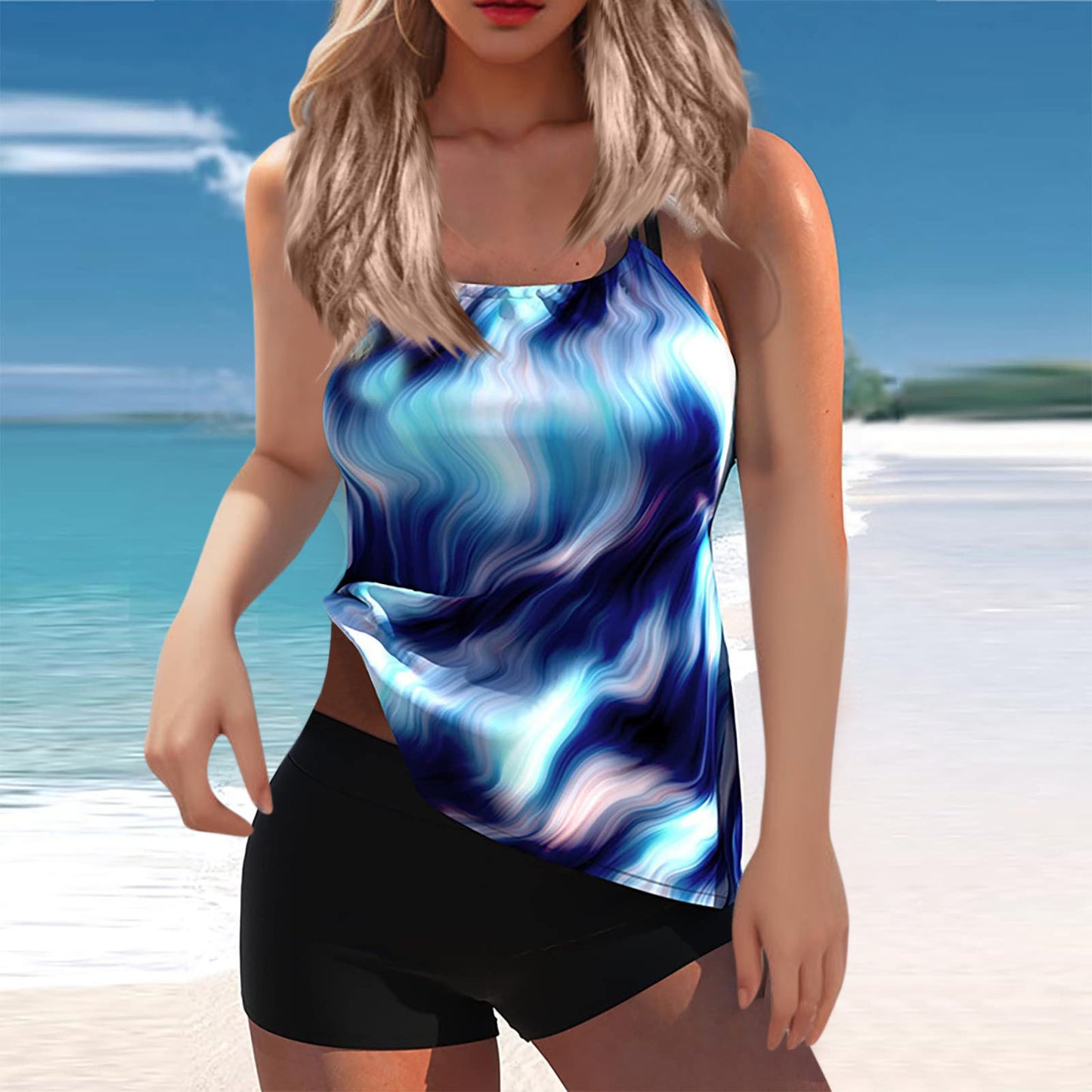 New XL Plus Size Swimwear Split Multi-color Printed Tangini Two-piece Set