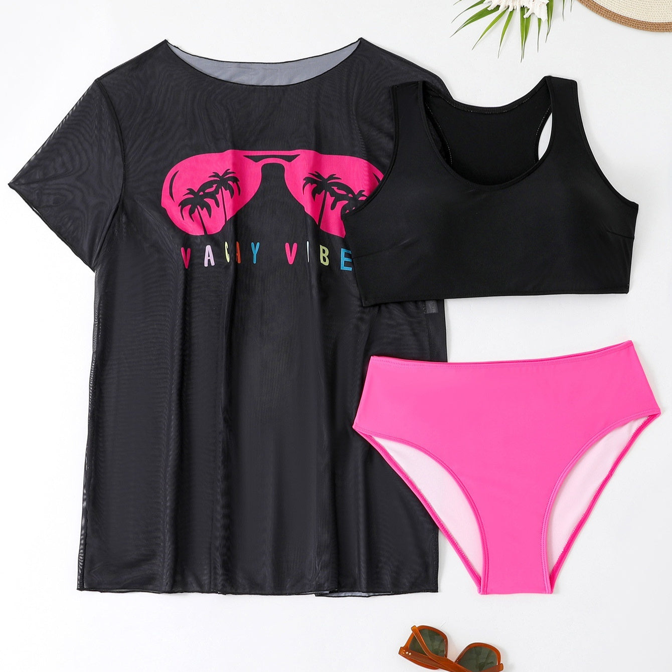 New Swimwear Mesh See-through Blouse Plus Size Swimsuit Bikini Three-piece Set