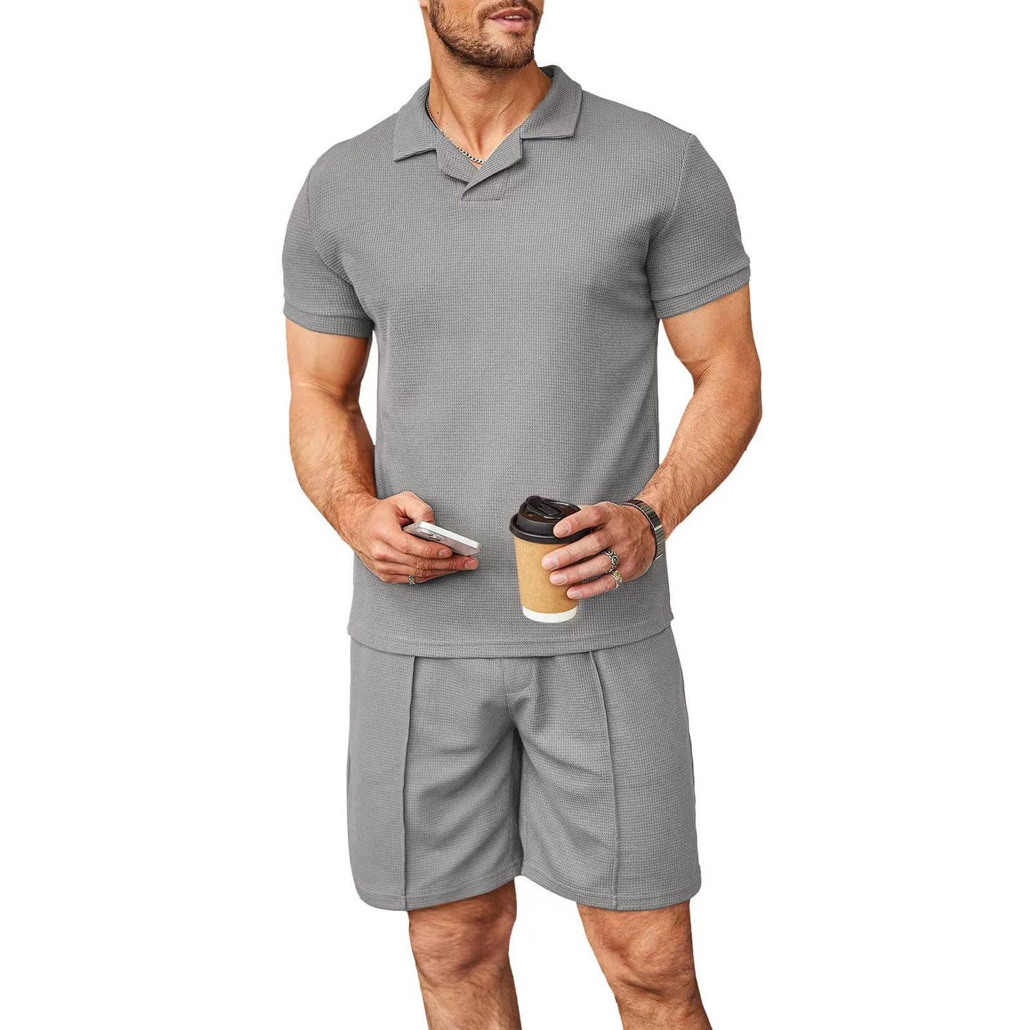 Ensemble 2 pièces pour homme, polo à col en V, revers, manches courtes, costume pour homme, style gaufré, décontracté, mode, été