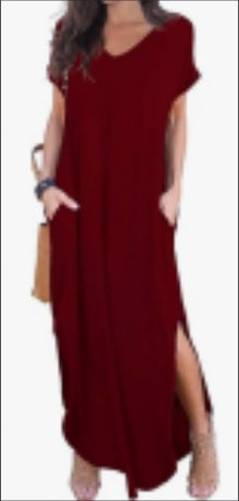 Women's Casual Loose Pocket Long Dress Short Sleeve Split Maxi Dresses