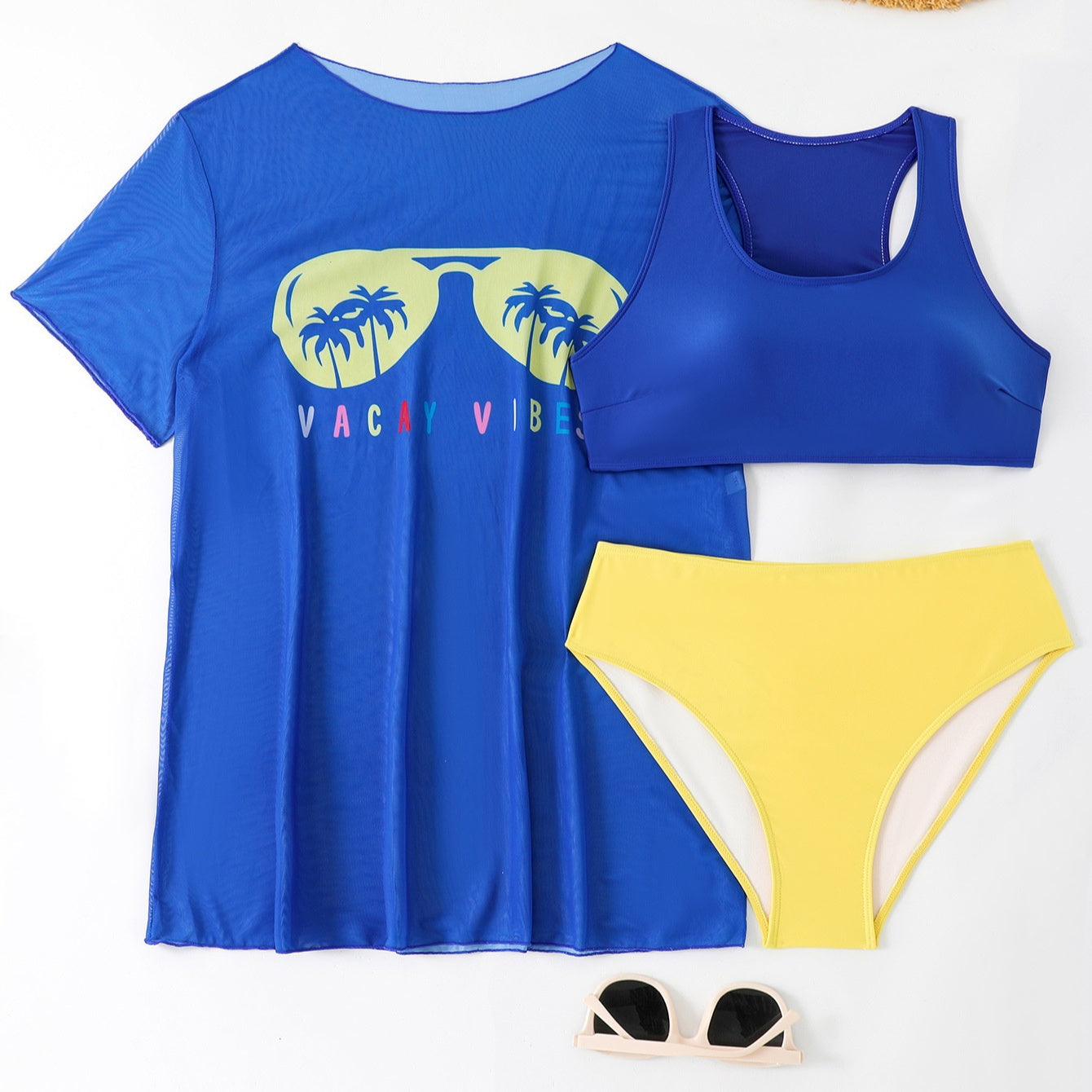 New Swimwear Mesh See-through Blouse Plus Size Swimsuit Bikini Three-piece Set