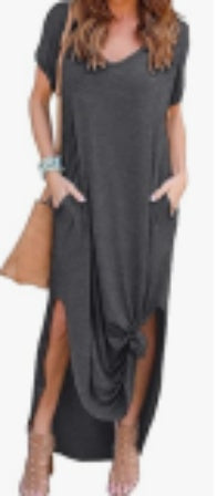Women's Casual Loose Pocket Long Dress Short Sleeve Split Maxi Dresses
