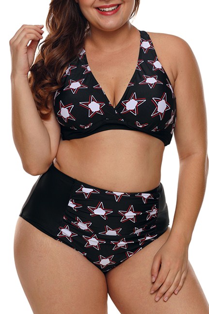 Traje de baño de cintura alta de talla grande con estrellas en color negro de 2 piezas