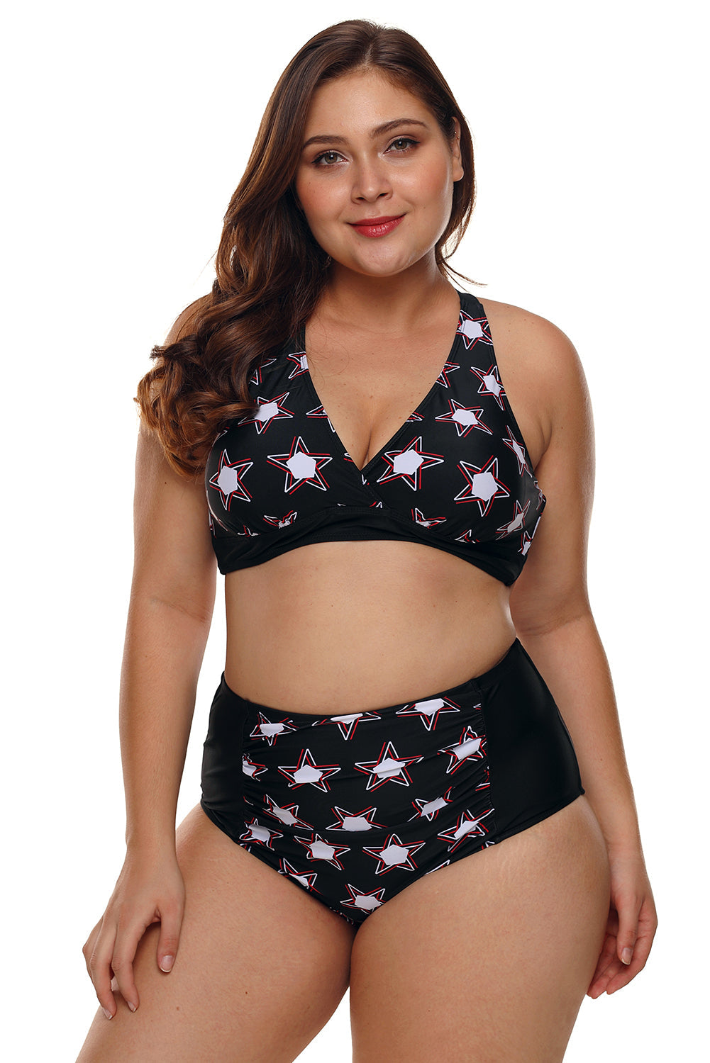 Traje de baño de cintura alta de talla grande con estrellas en color negro de 2 piezas