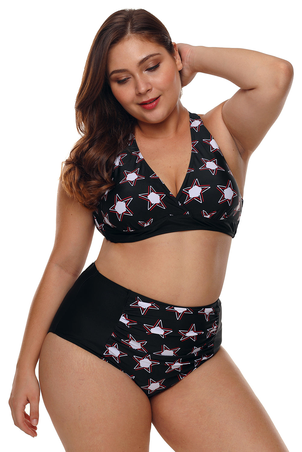 Traje de baño de cintura alta de talla grande con estrellas en color negro de 2 piezas