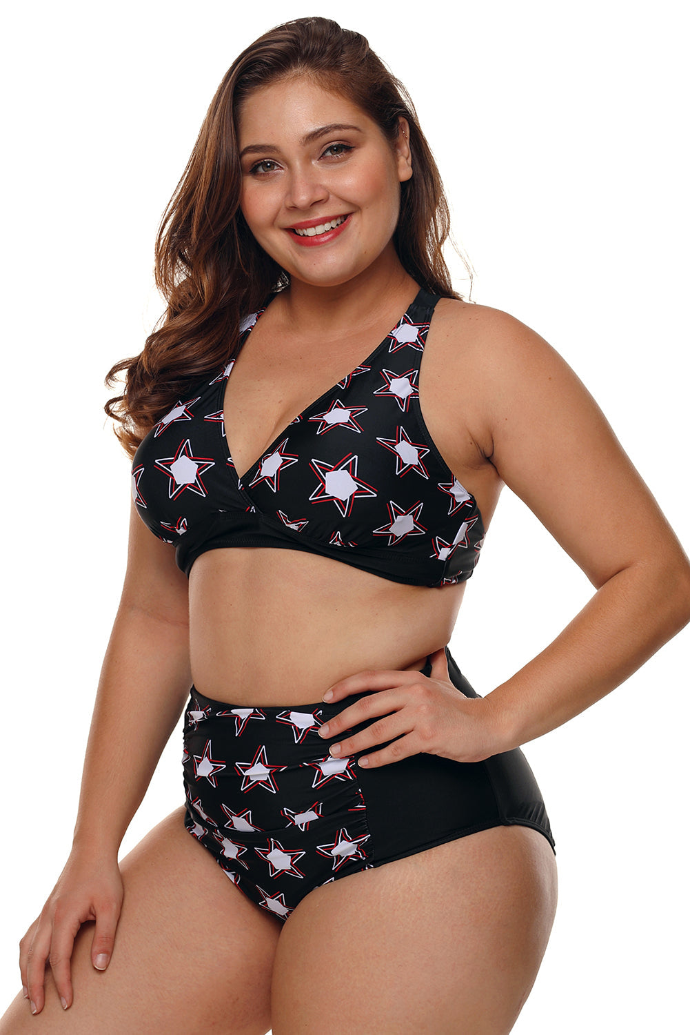 Traje de baño de cintura alta de talla grande con estrellas en color negro de 2 piezas