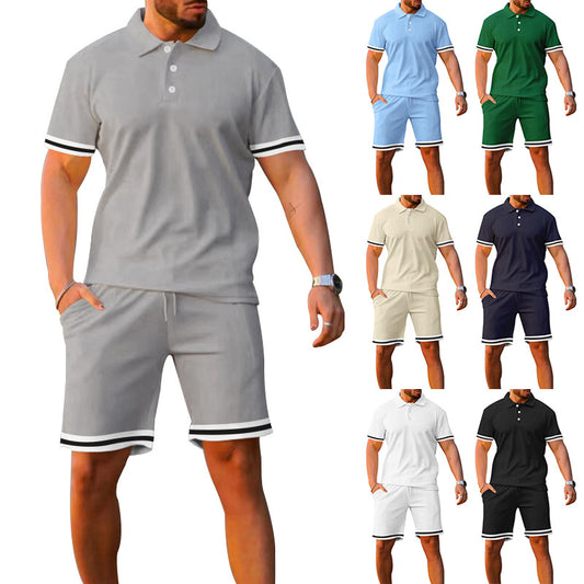 Conjunto deportivo y de ocio de dos piezas para hombre con pantalones cortos de manga corta y solapa