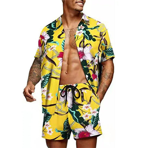 Floral Hawaiian two piece men beach shorts set