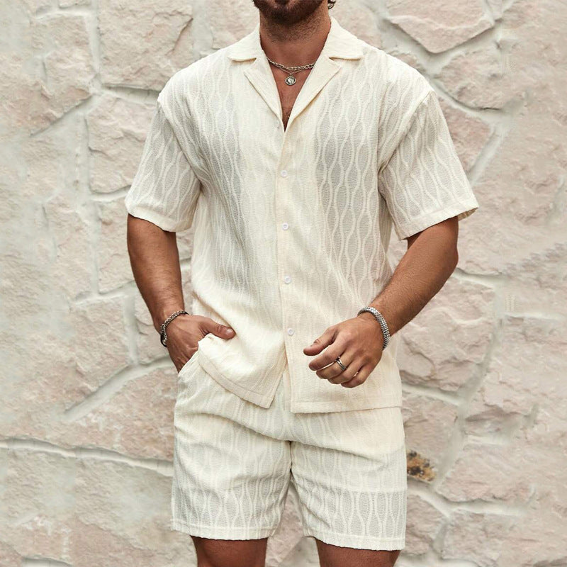 Men Summer Fashion Solid Loose Casual Two Pieces Lapel Button Shirt & Beach Shorts