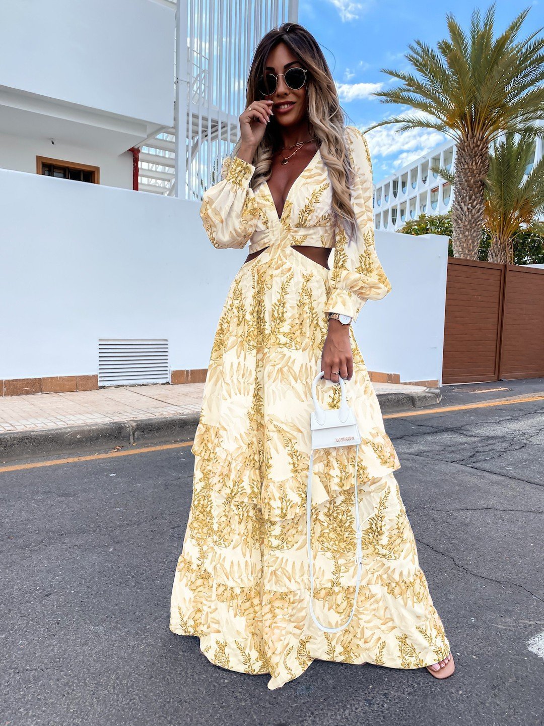 Elegant Women's Hollow Floor V-neck Long-sleeved Dress Spring Summer Print V-neck Long Sleeve Dress