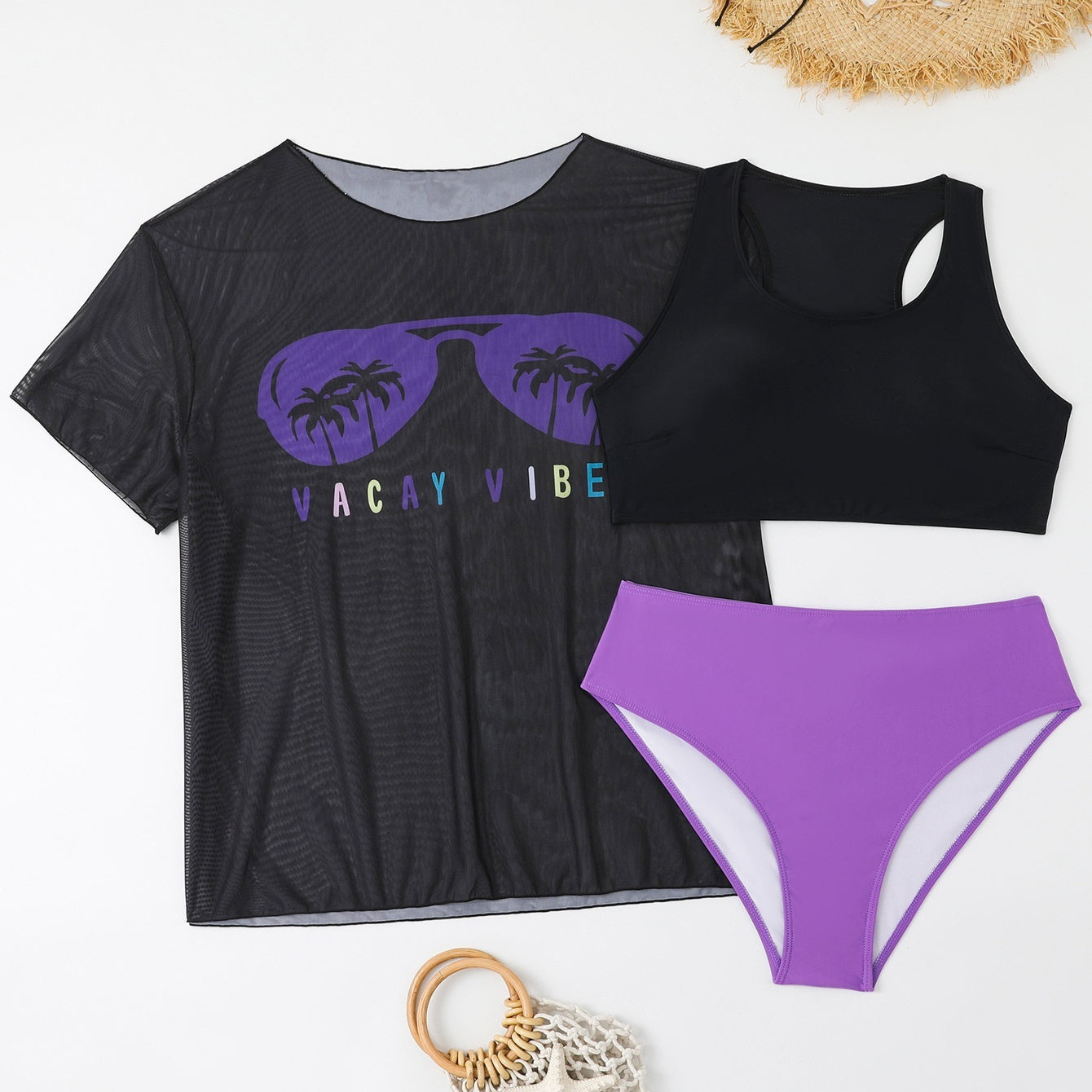 New Swimwear Mesh See-through Blouse Plus Size Swimsuit Bikini Three-piece Set