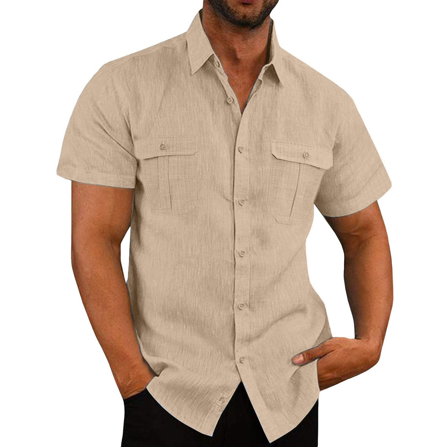 Camisa de manga corta con botones para hombre, informal, de verano, con doble bolsillo, cuello ancho, para playa