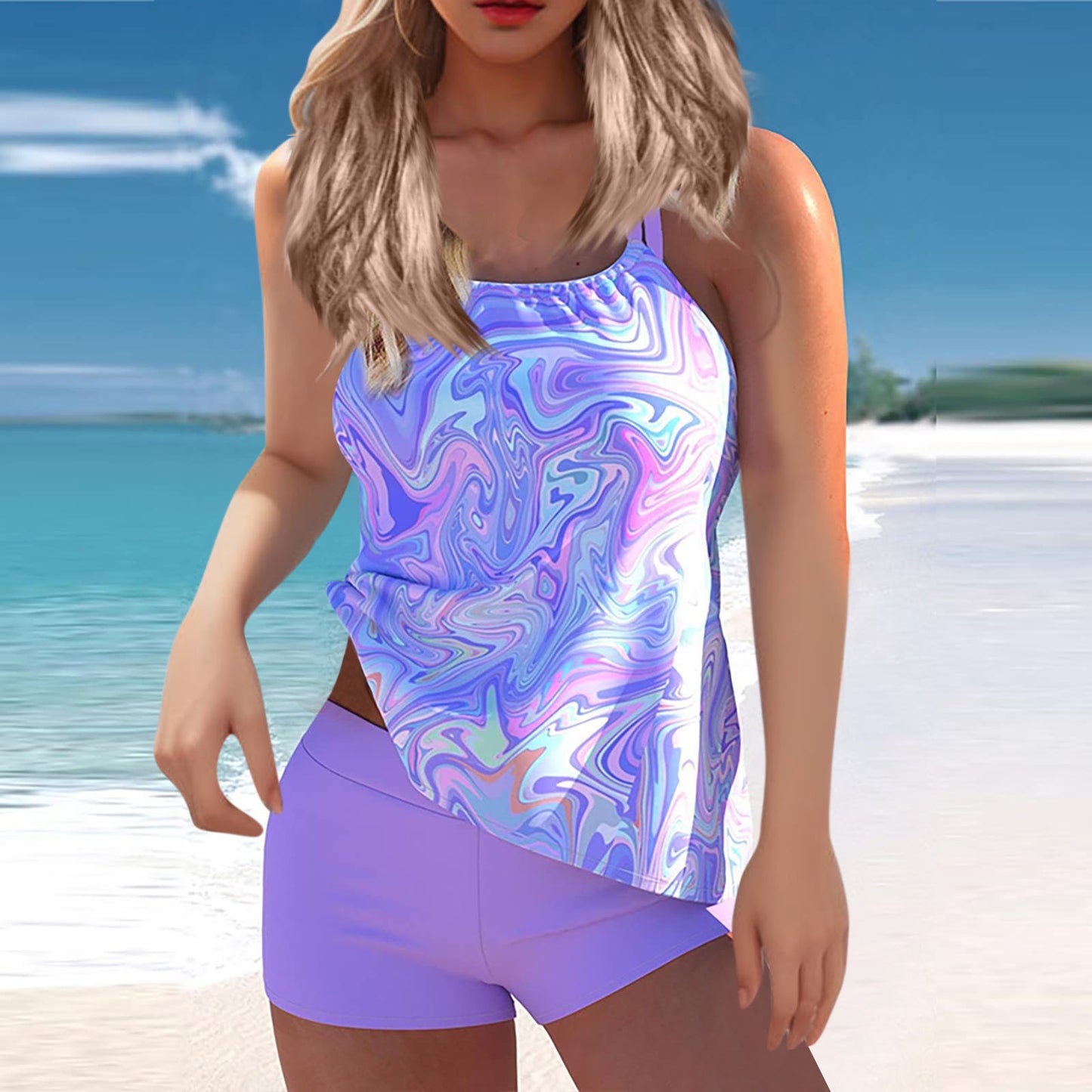 New XL Plus Size Swimwear Split Multi-color Printed Tangini Two-piece Set