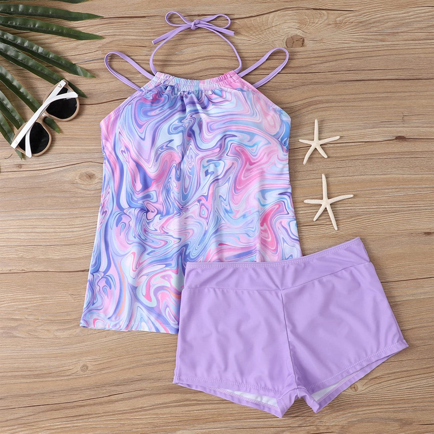 New XL Plus Size Swimwear Split Multi-color Printed Tangini Two-piece Set