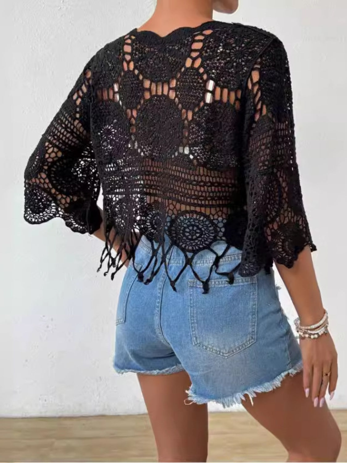 Openwork Round Neck, Mid Sleeve Cover-Up