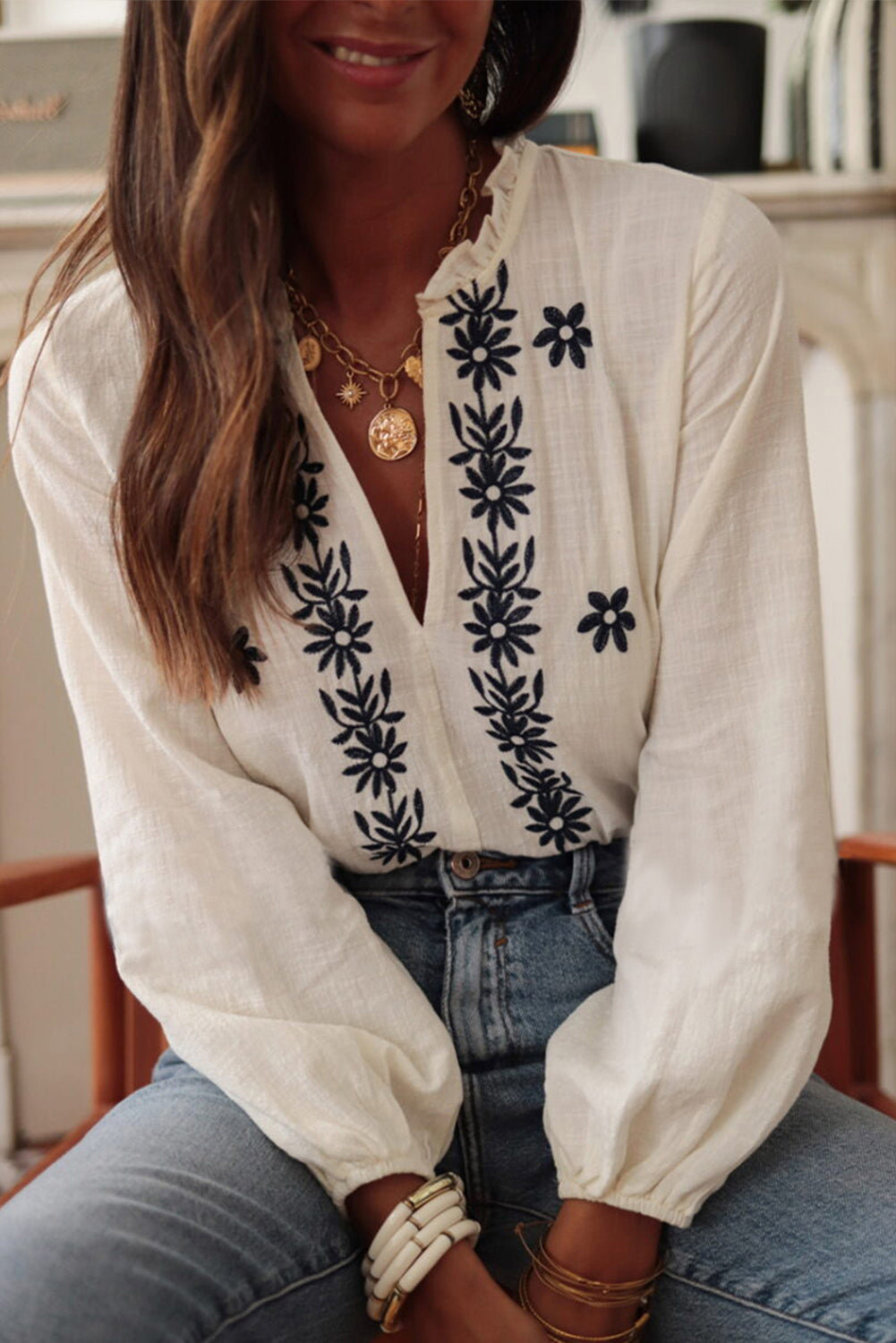 White Floral Embroidered Frill V Neck Puff Sleeve Blouse