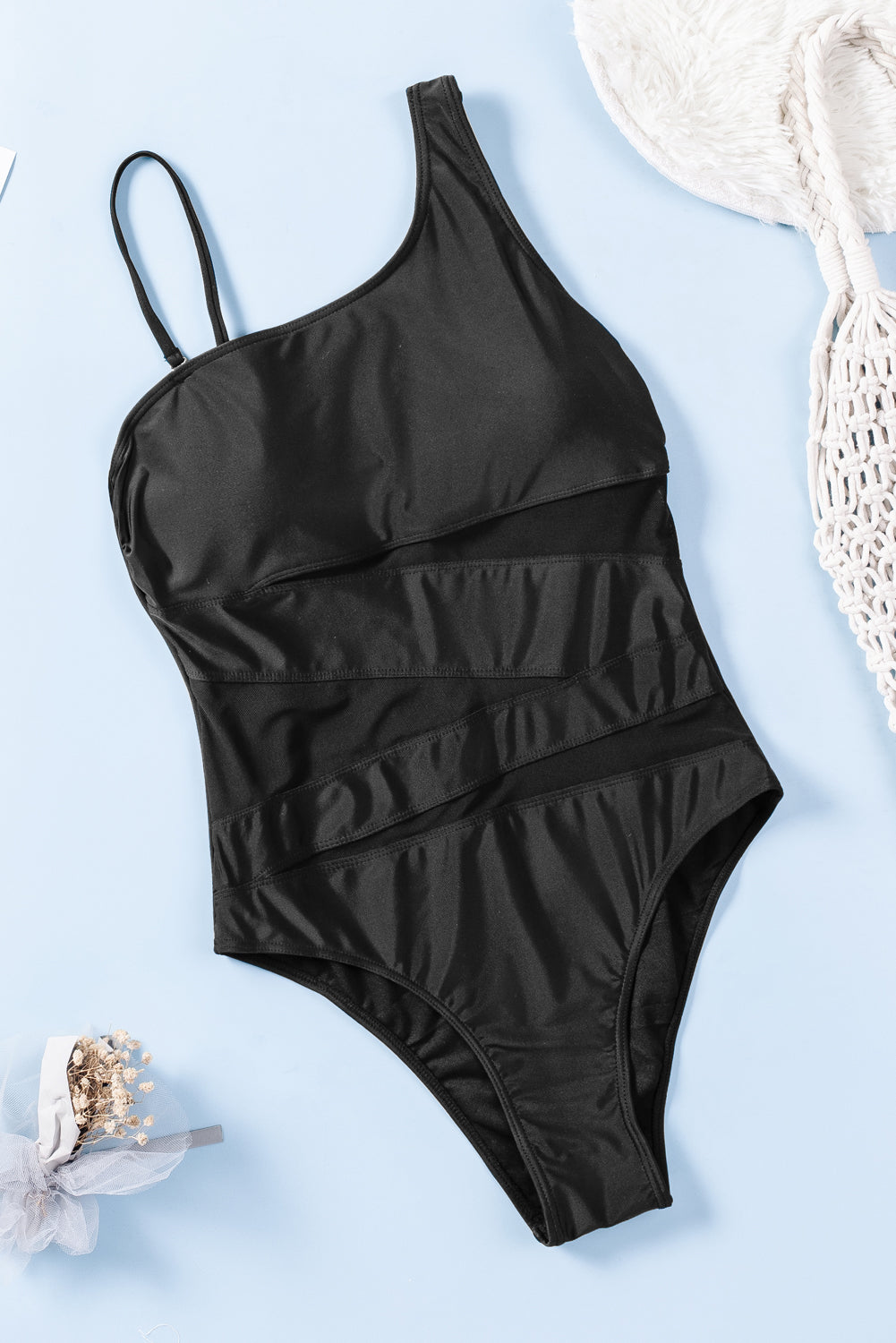 Sexy Asymmetrical Neck Mesh Splice One Piece Swimsuit