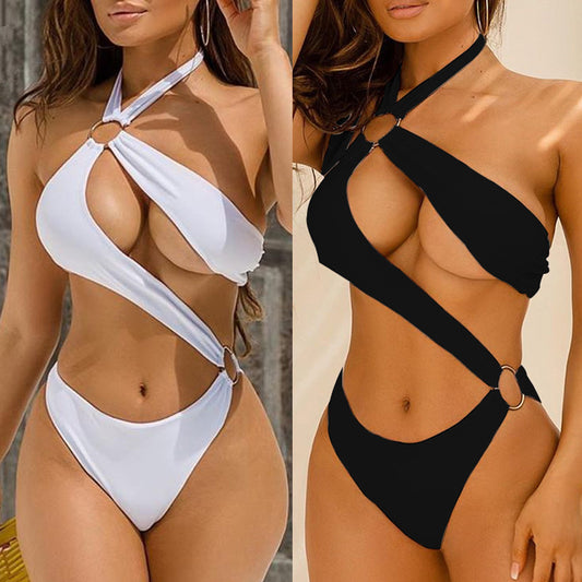 Nuevo traje de baño de bikini sexy de una pieza con tiras de aro de metal hueco de tres colores