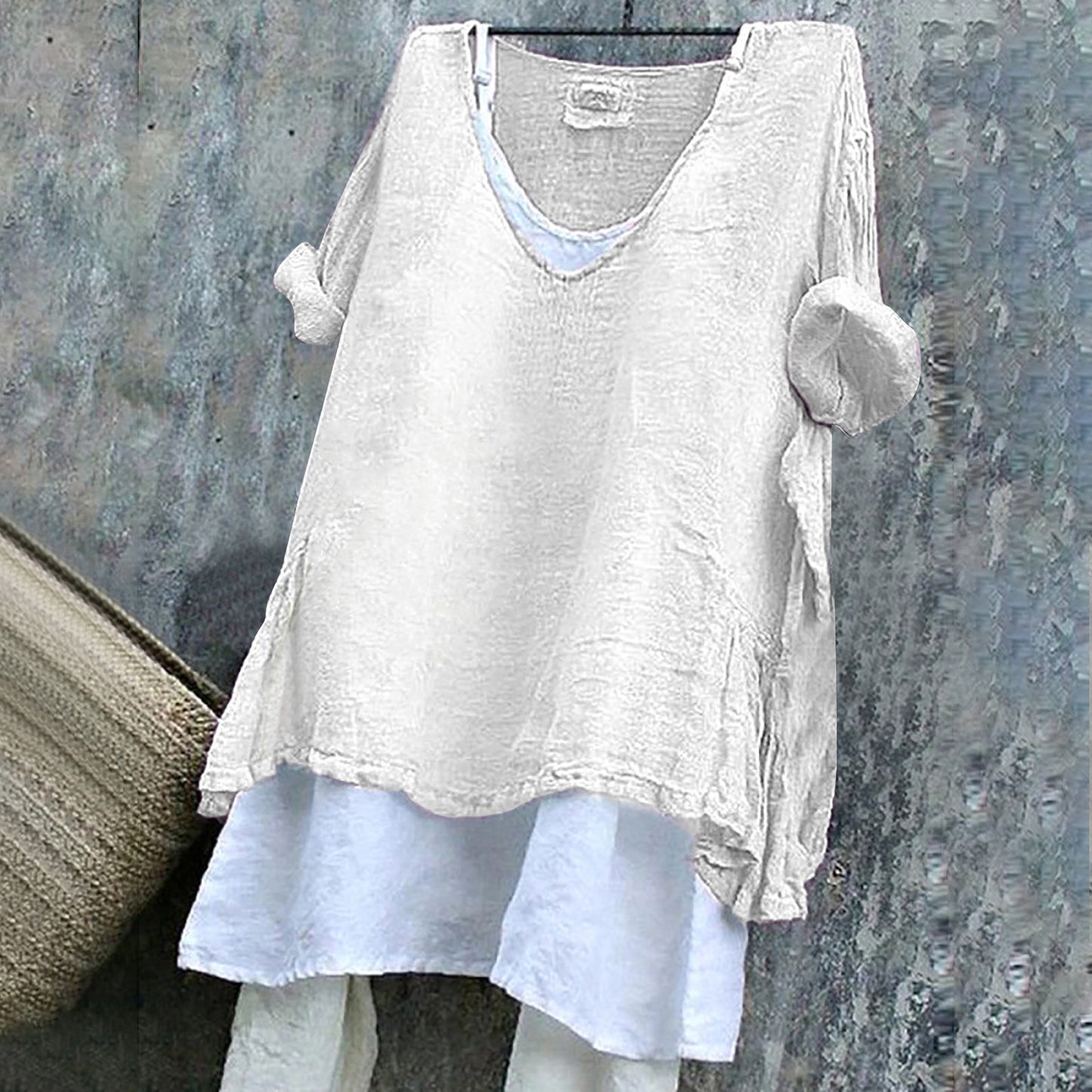 Women's V-neck Short Sleeve Linen Top