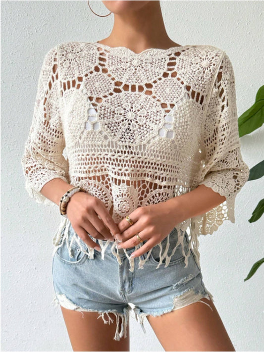 Openwork Round Neck, Mid Sleeve Cover-Up