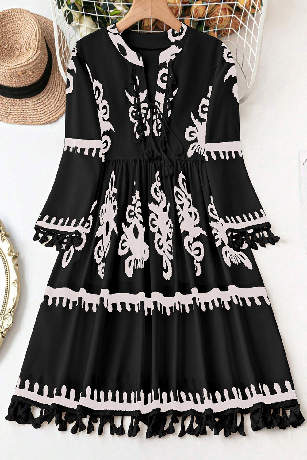 Black Ethnic Print Fringe Hem Plus Size Dress