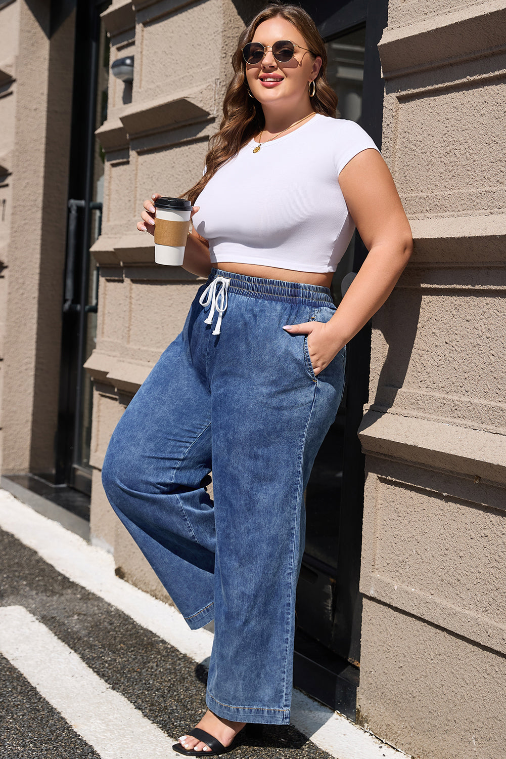 Dusk Blue Drawstring High Waist Plus Size Jeans