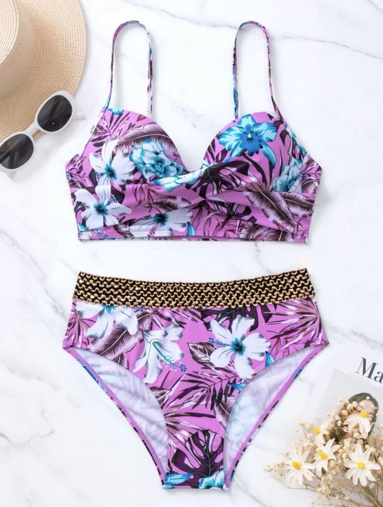 Floral Split Ribbon High Waist Conservative Swimsuit