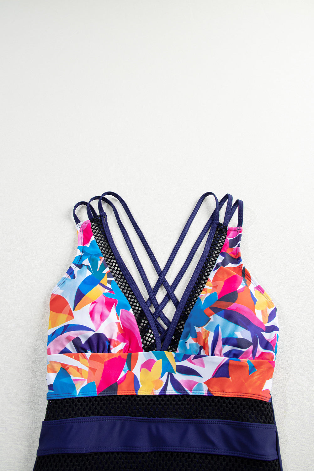 Blue Floral Leopard Splicing Color Block Mesh One Piece Swimsuit