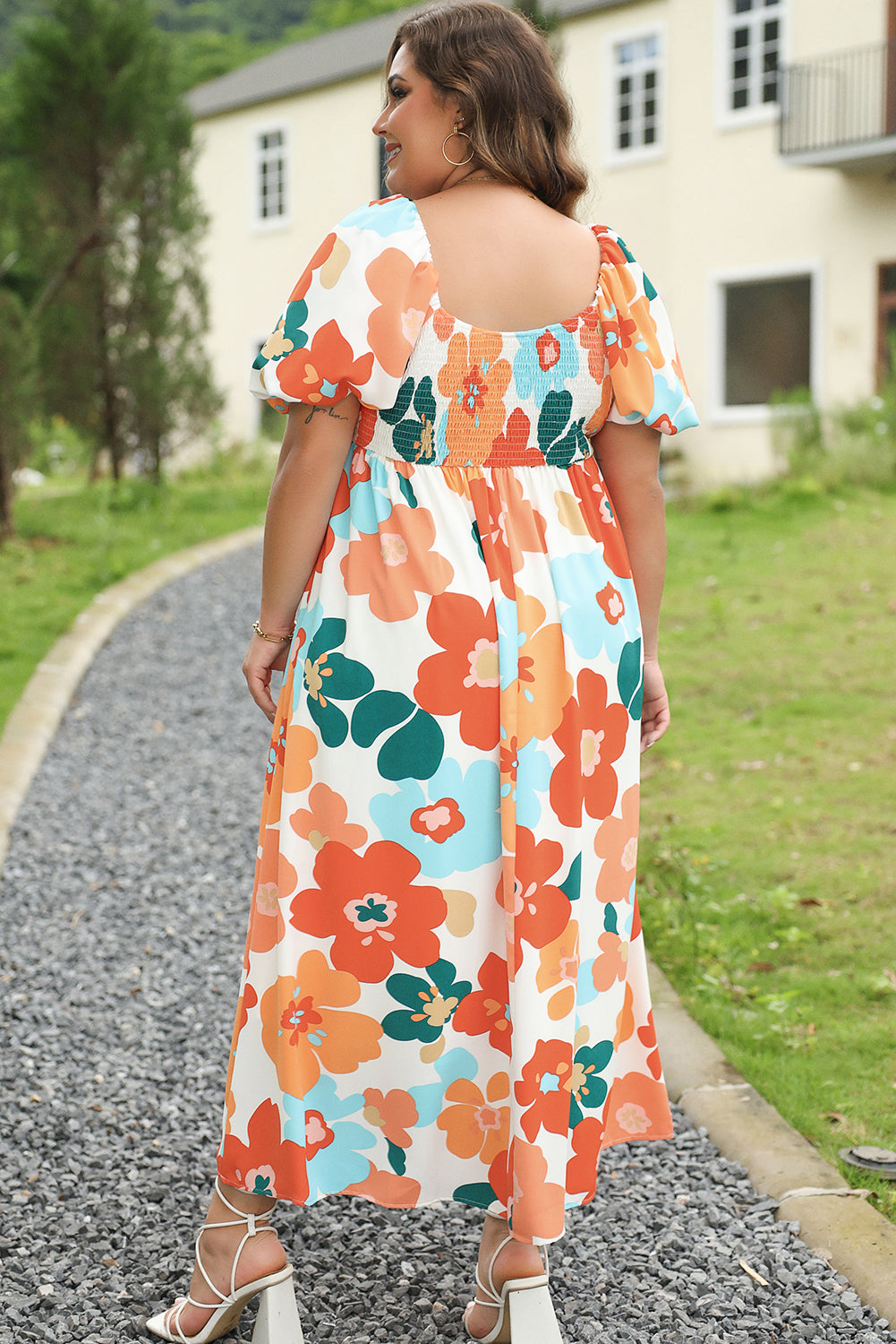 Orange Plus Size Floral Print Square Neck Maxi Dress