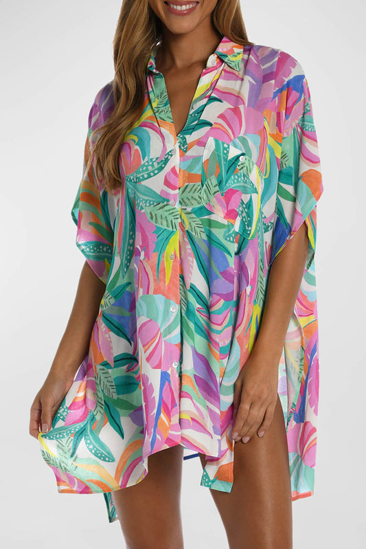 Robe de plage boutonnée à manches courtes et imprimé tropical multicolore