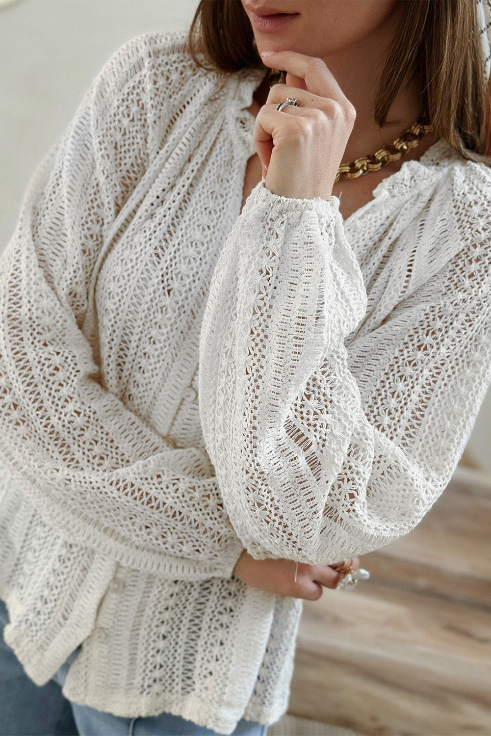 White Notch Neck Button Down Raglan Sleeve Crochet Top