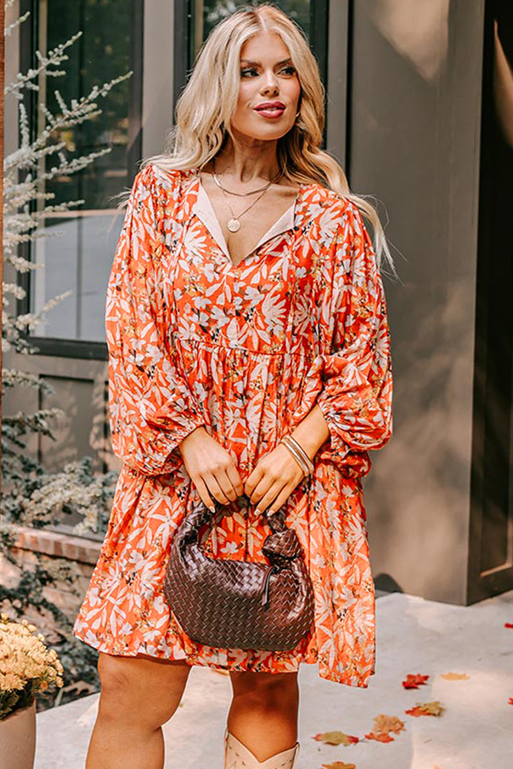 Orange Floral Print Split V Neck Bubble Sleeve Plus Size Midi Dress