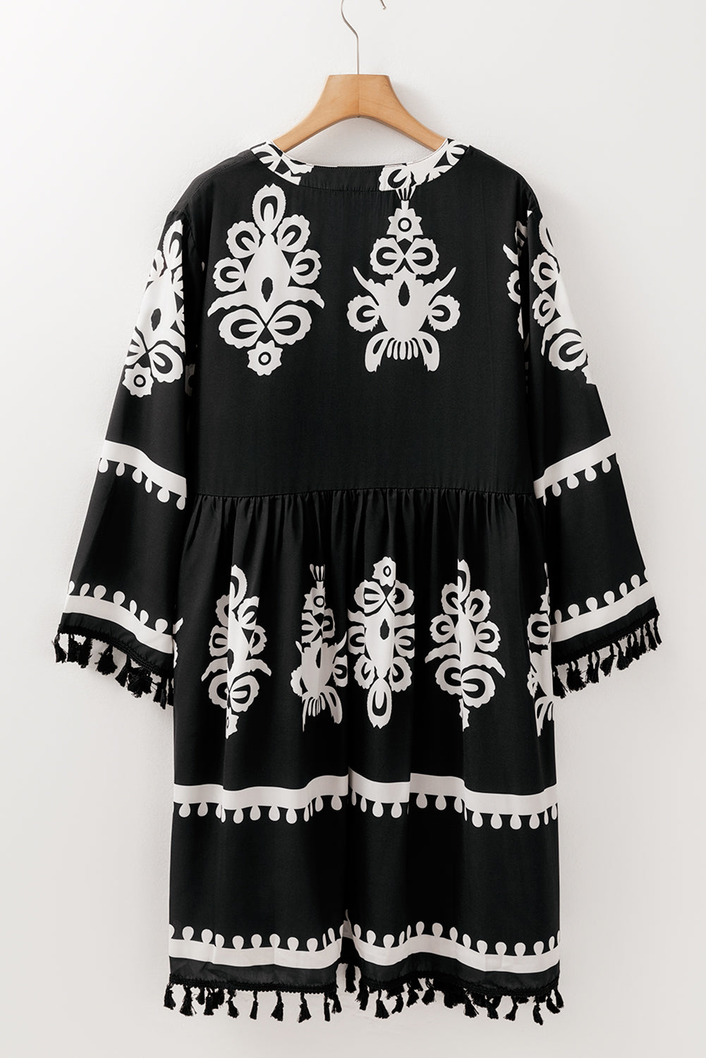 Black Ethnic Print Fringe Hem Plus Size Dress