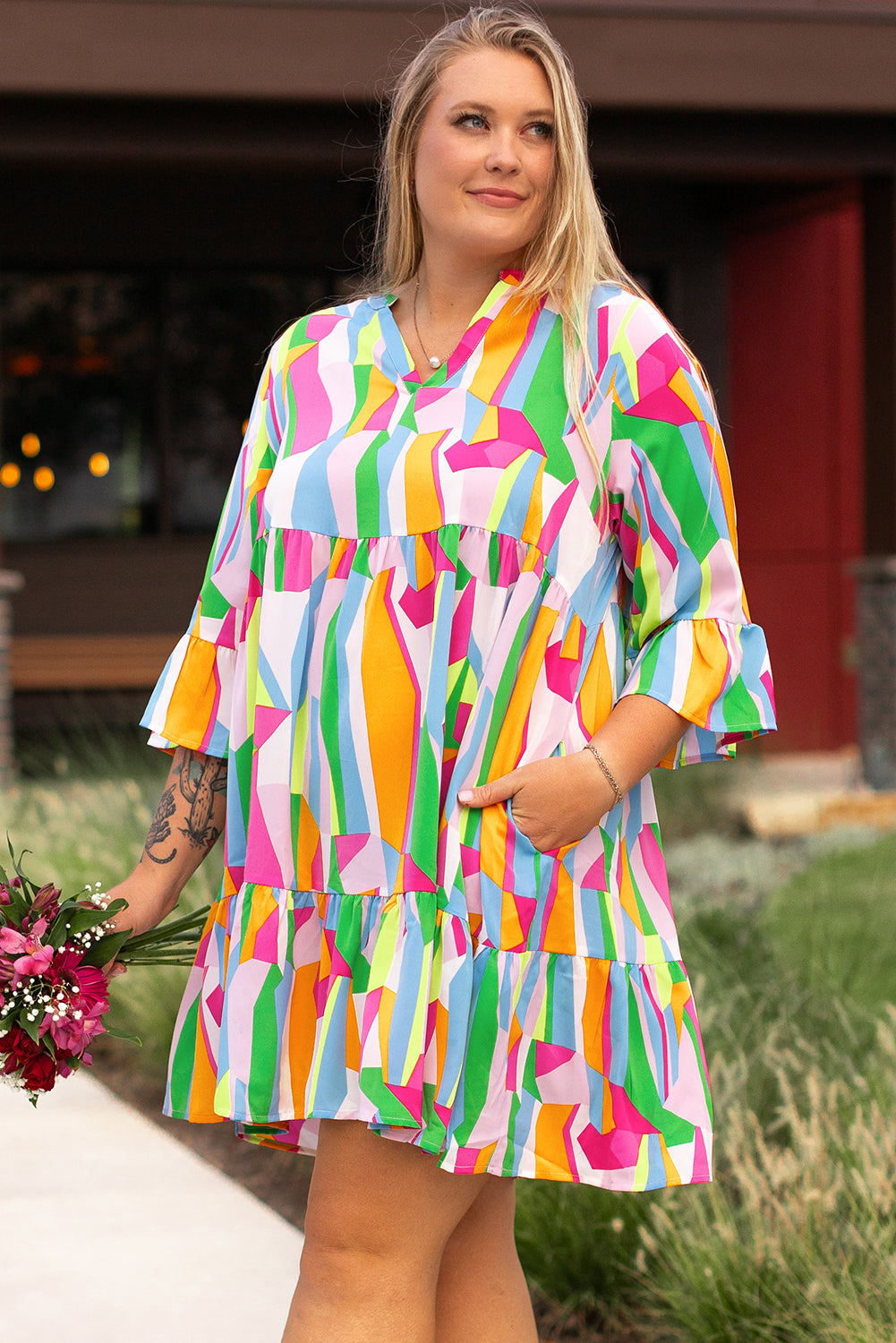 Multicolour Plus Size Vibrant Abstract Print Tiered Ruffle Mini Dress