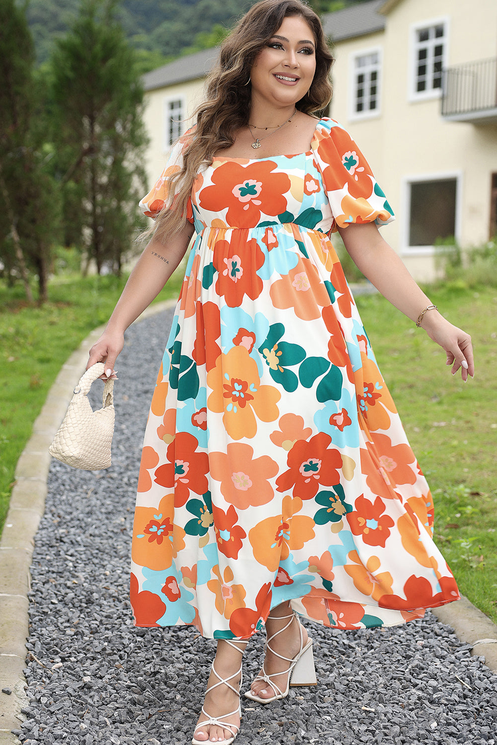 Orange Plus Size Floral Print Square Neck Maxi Dress