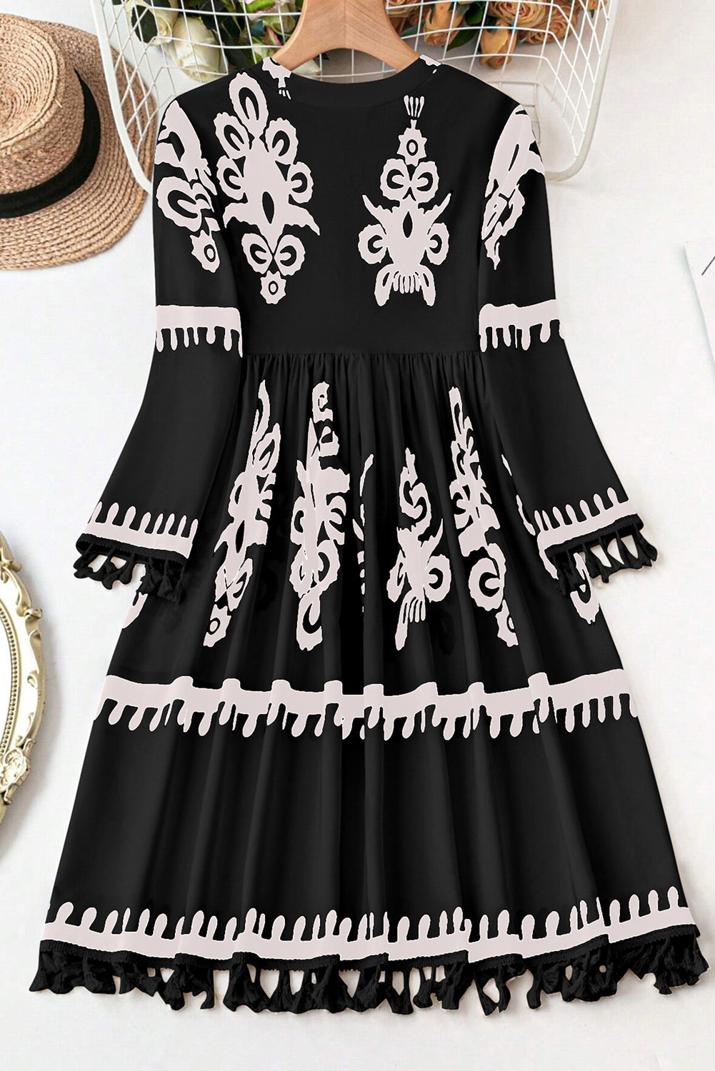 Black Ethnic Print Fringe Hem Plus Size Dress