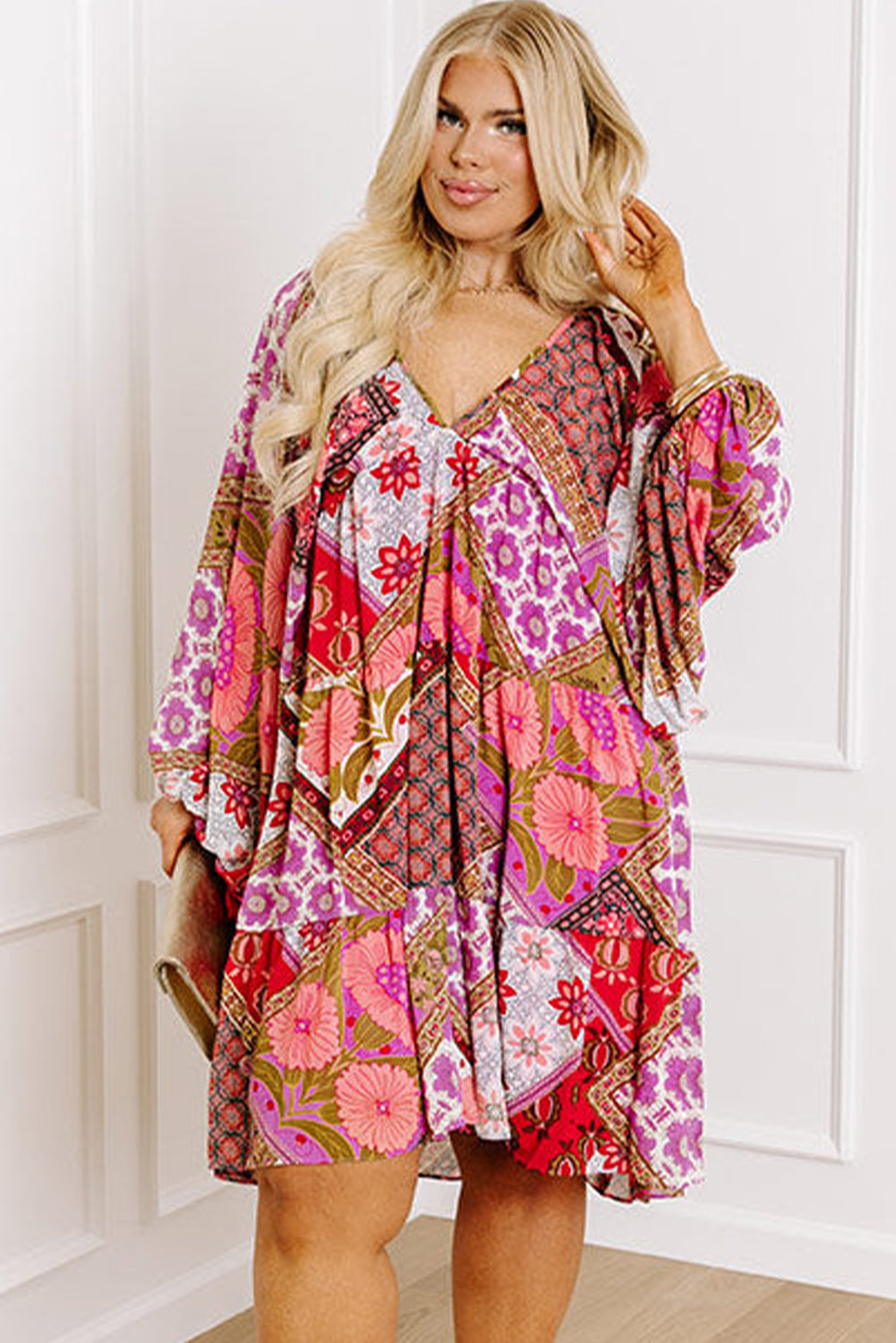 Rose Floral Patchwork Long Sleeve V Neck Lace-up Back Plus Size Dress