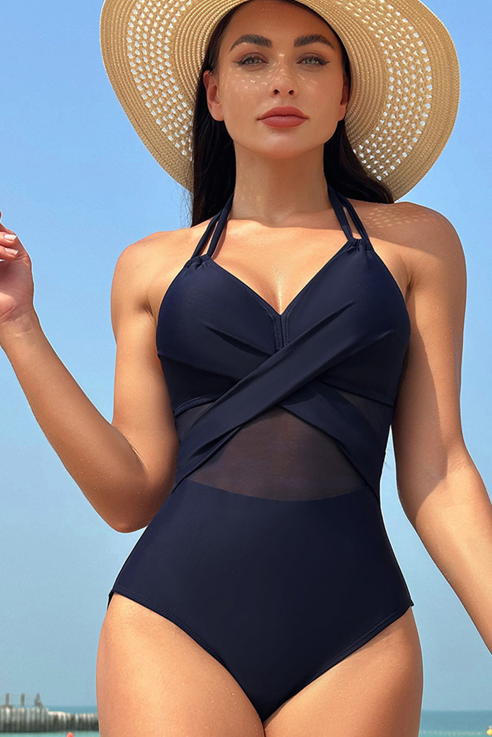 Black Halter Mesh Insert Cross Front One Piece Swimsuit