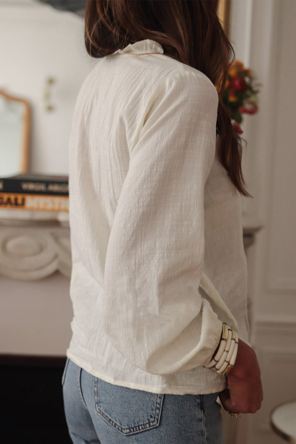 White Floral Embroidered Frill V Neck Puff Sleeve Blouse