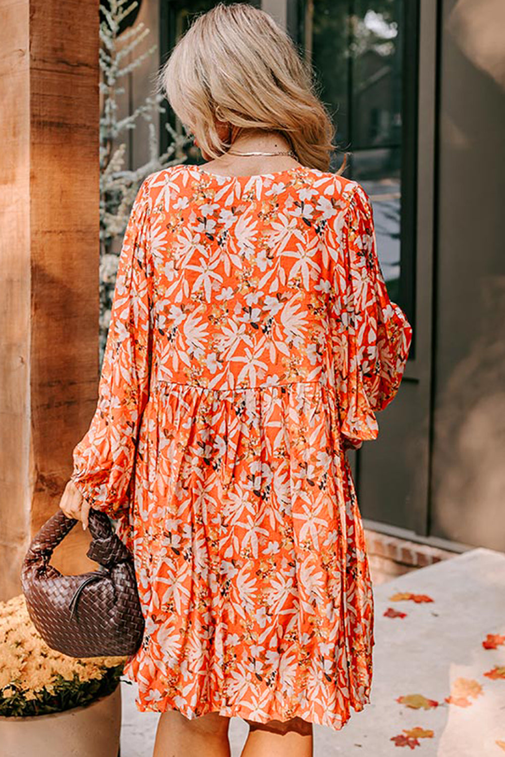 Orange Floral Print Split V Neck Bubble Sleeve Plus Size Midi Dress