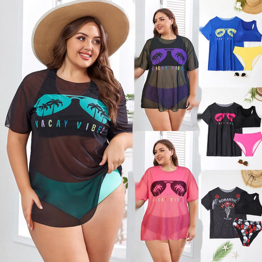 New Swimwear Mesh See-through Blouse Plus Size Swimsuit Bikini Three-piece Set
