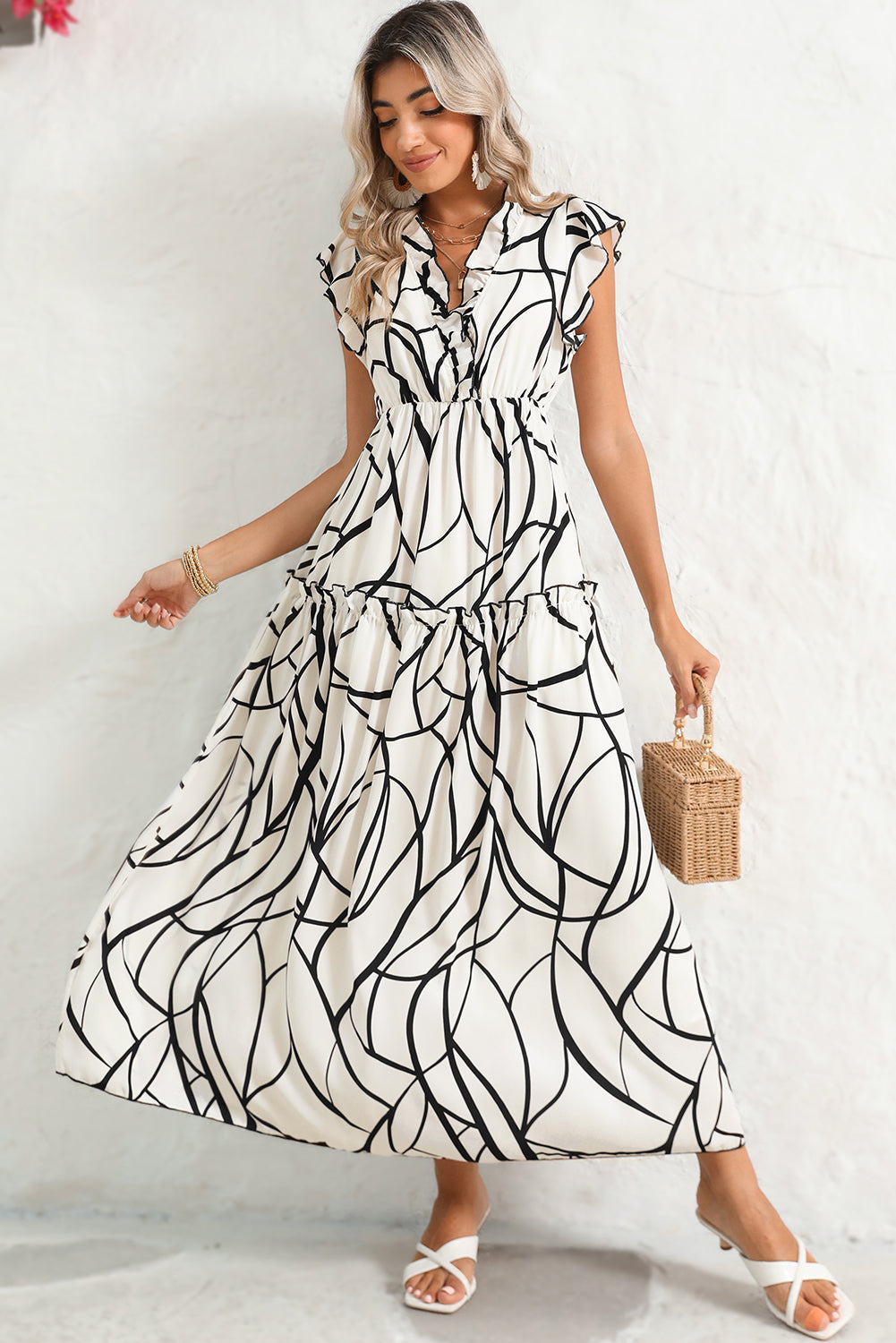 White Abstract Print V Neck Ruffle Maxi Dress